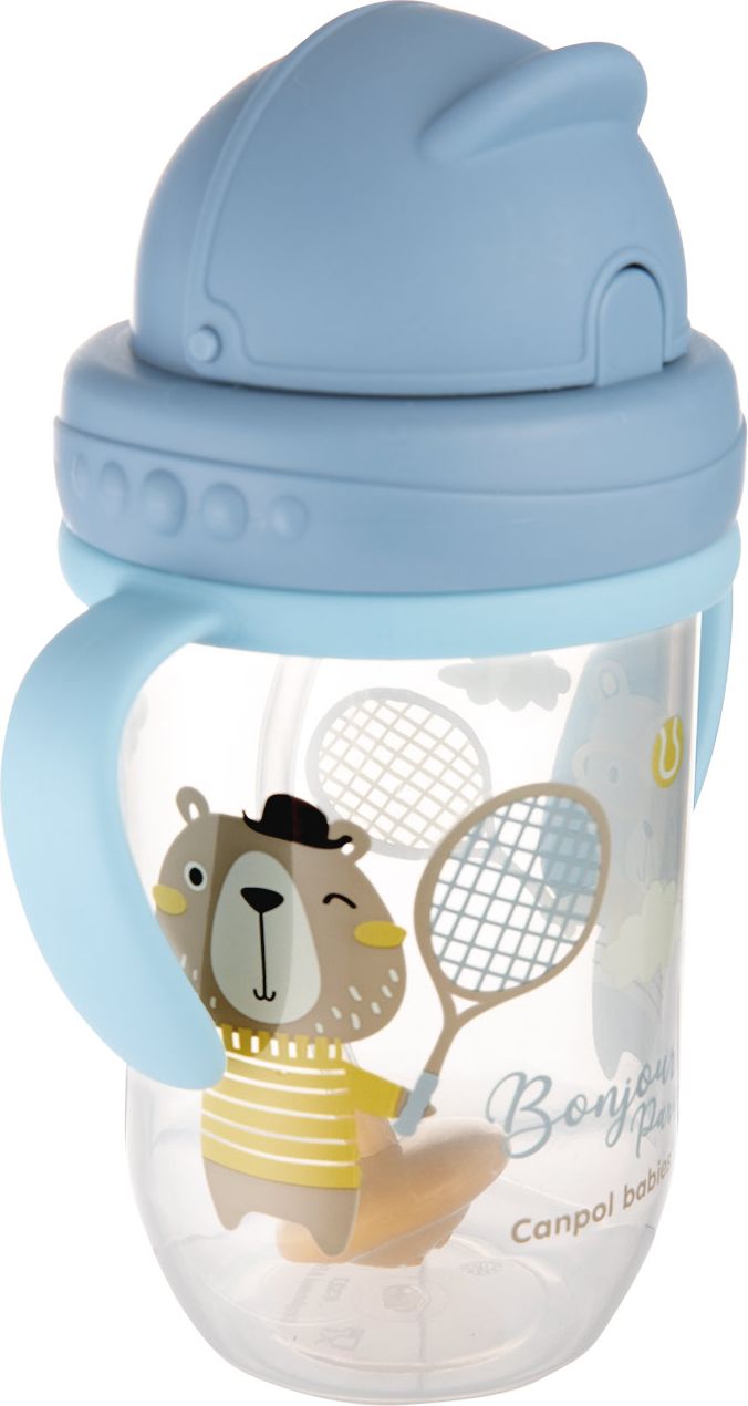 CANPOL BABIES Hrneček nevylévací se slámkou a závažím 270 ml Bonjour Paris modrý, 6m+ - obrázek 3