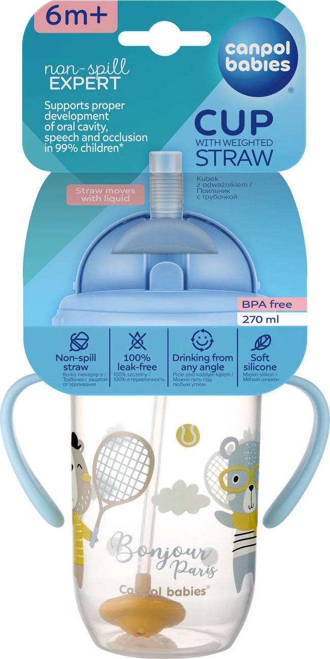 CANPOL BABIES Hrneček nevylévací se slámkou a závažím 270 ml Bonjour Paris modrý, 6m+ - obrázek 5