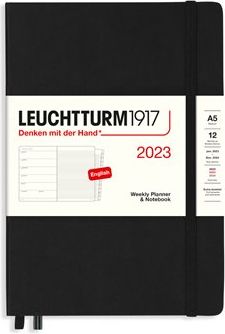 Týdenní diář a zápisník Leuchtturm Black, Weekly Planner & Notebook Medium (A5) 2023, with extra booklet, English - obrázek 1