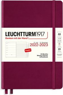 Týdenní diář Leuchtturm 18ti měsíční port Red, Weekly Planner & Notebook Medium (A5), 2023 with extra booklet, English - obrázek 1