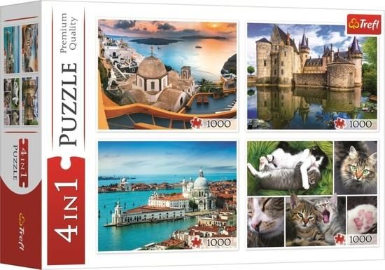 Puzzle Santorini, Benátky, Zámek Sully-sur-Loire a Kočky 4x1000 dílků - obrázek 1