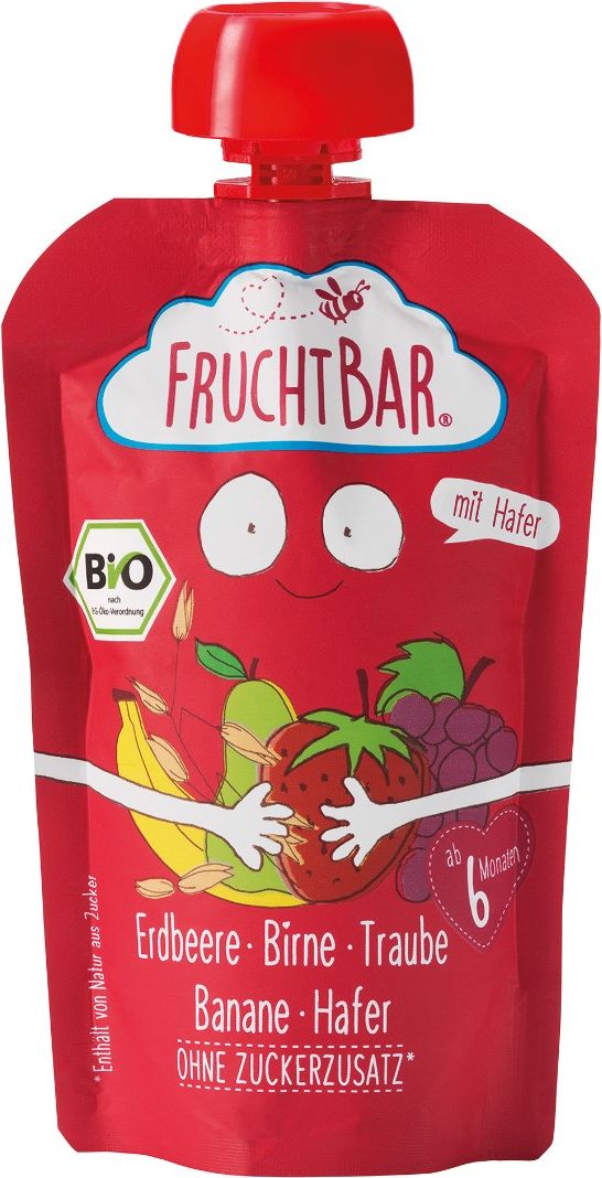 FRUCHTBAR Bio ovocná kapsička s hruškou hroznovým vínem jahodami banánem a ovesnými vločkami 100 g - obrázek 1