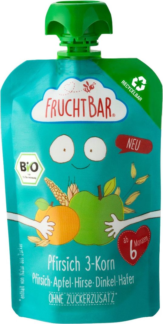 FRUCHTBAR 100% Recyklovatelná BIO ovocná kapsička s jablkem broskví meruňkami a ovsem 6mě 100 g - obrázek 1