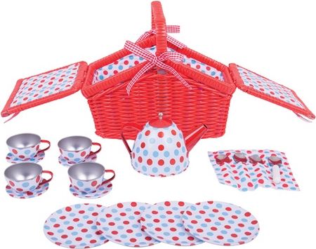 Kuchyň - Čajový set v košíku, Červený puntíkovaný (Bigjigs) - obrázek 1