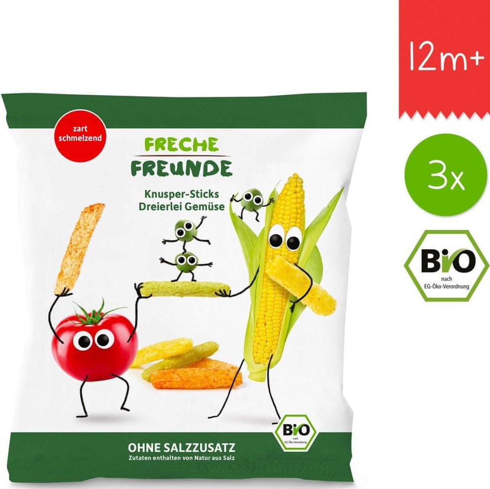 Freche Freunde BIO Zeleninové tyčinky s rajčetem, kukuřicí a hráškem 3x30g - obrázek 1