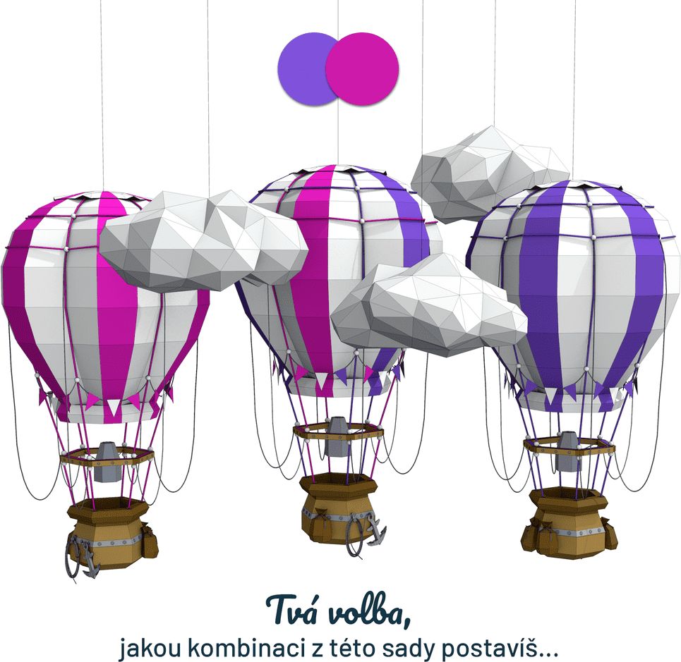 Cut'n'Glue Horkovzdušný balon v oblacích – 3D papírový model, růžová/fialová - obrázek 1