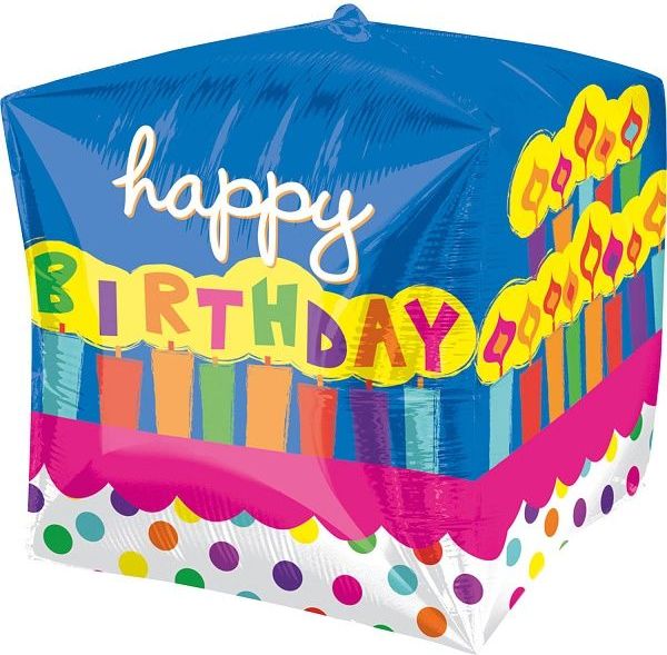 MojeParty Balónek fóliový krychle Happy Birthday Svíčky 38 cm - obrázek 1