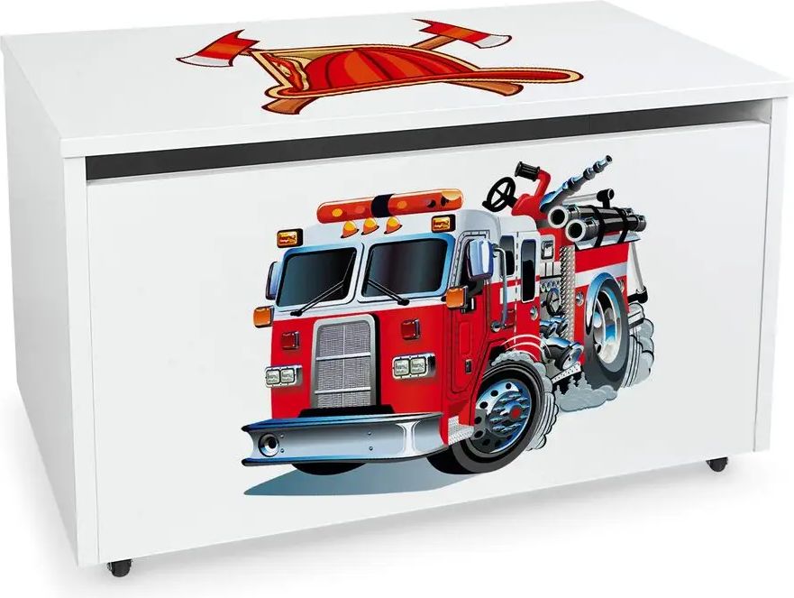 Leomark Velký dřevěný box na hračky na kolečkách se sedátkem - malý hasič 243F - obrázek 1