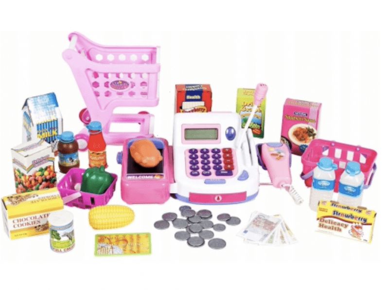 BB-Shop Pokladna hrací set, čtečka karet, pokladna s vozíkem, růžová barva - obrázek 1