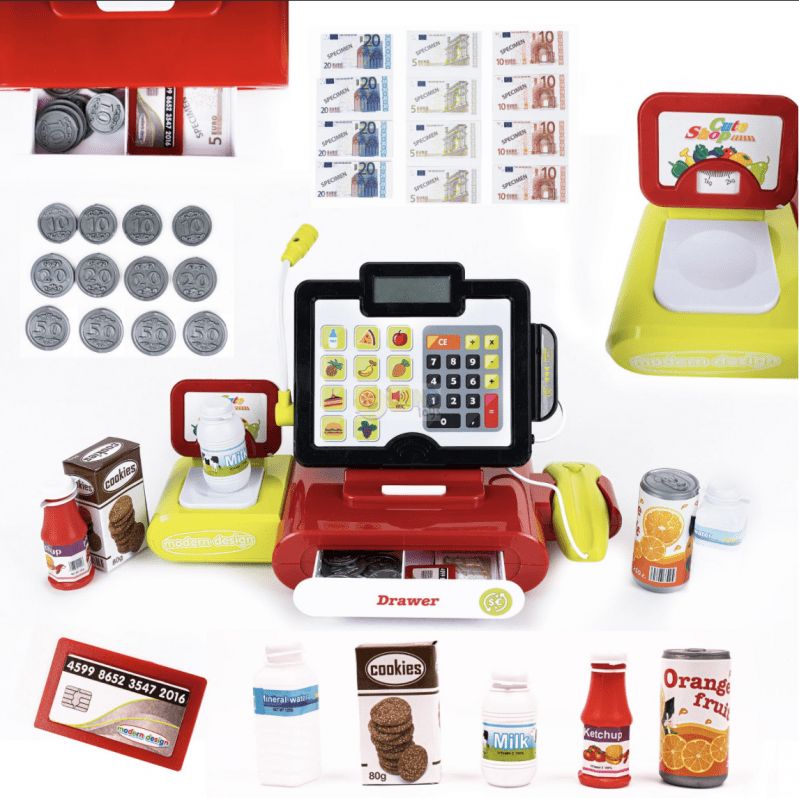 BB-Shop Pokladna hrací set, čtečka karet, Pokladna s mikrofonem, Zelená / červená barva - obrázek 1