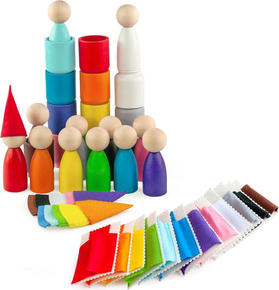 Ulanik Montessori dřevěná hračka "Peg Dolls with Hats, Beds and Cups" - obrázek 1