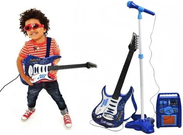 ISO Dětská rocková elektrická kytara na baterie + zesilovač a mikrofon modrá - obrázek 1