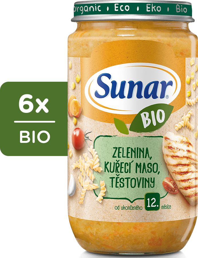 Sunar BIO příkrm Zelenina, těstoviny, kuřecí maso 6x235g (CZ-BIO-003) - obrázek 1