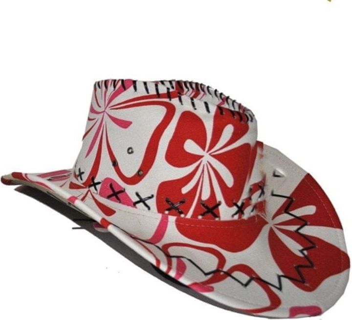 funny fashion Kovbojský klobouk květinový červenobílý - obrázek 1