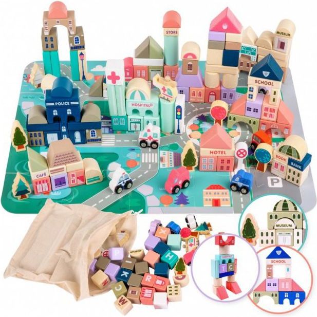 iMex Toys Dřevěné kostky s podložkou Veselé město 115ks - obrázek 1