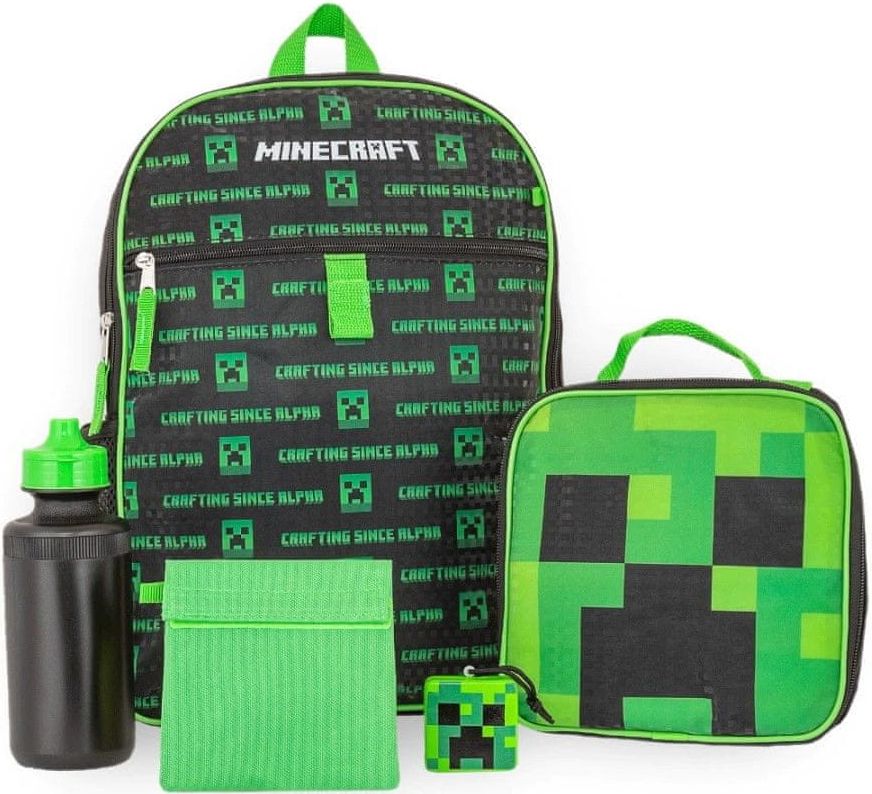 CurePink Školní batoh Minecraft: Set batoh - svačinový box - láhev na pití - hračka - kapsička (objem batohu 10 litrů|12 x 16 x 5 cm) - obrázek 1