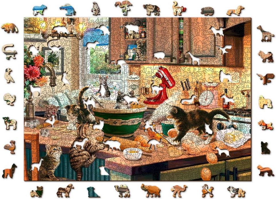Wooden city Dřevěné puzzle Neposedná koťátka v kuchyni 2v1, 1010 dílků EKO - obrázek 1