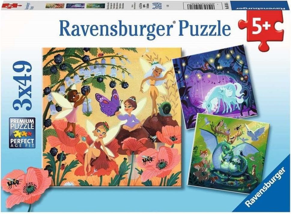 Ravensburger Puzzle Víly, drak a jednorožec 3x49 dílků - obrázek 1