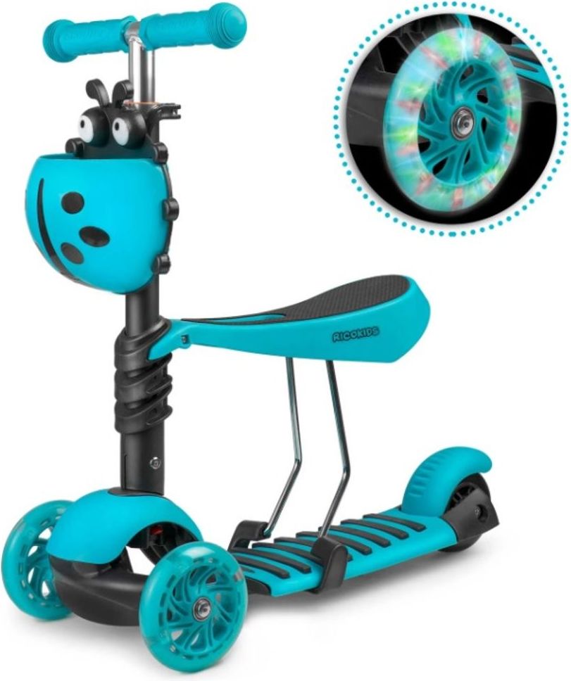 Ricokids Dětská tříkolová koloběžka Ricokids Buggy LED modrá beruška - obrázek 1