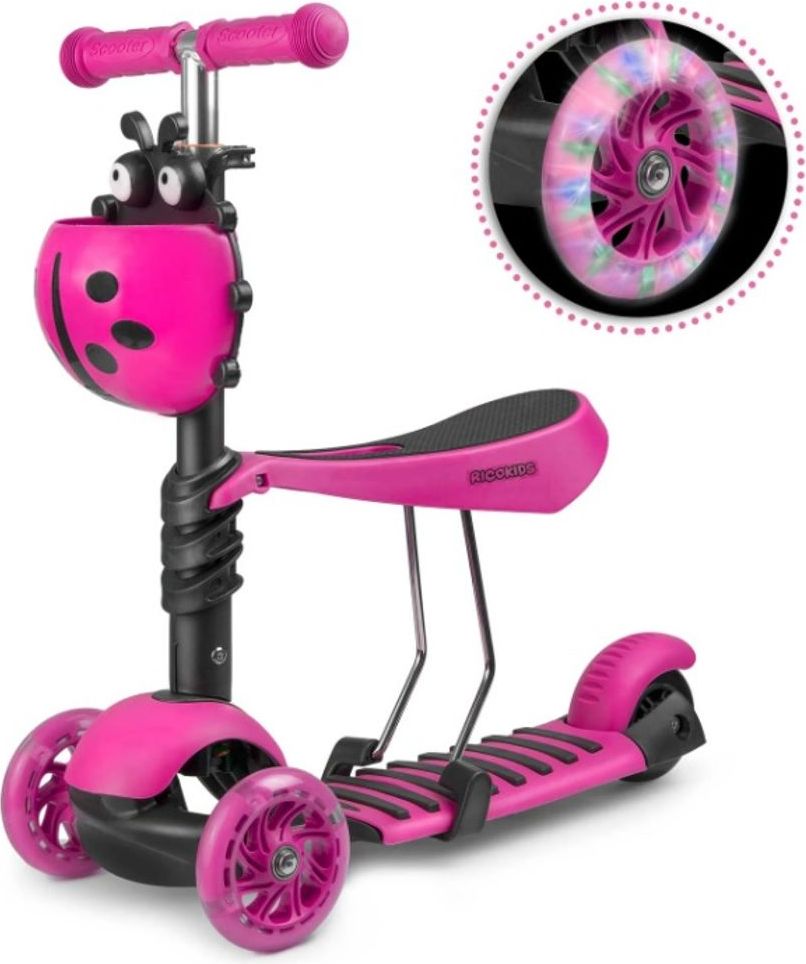 Ricokids Dětská tříkolová koloběžka Ricokids Buggy LED fialová beruška - obrázek 1