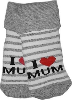 Kojenecké froté bavlněné ponožky I Love Mum, bílo/šedé proužek - obrázek 1