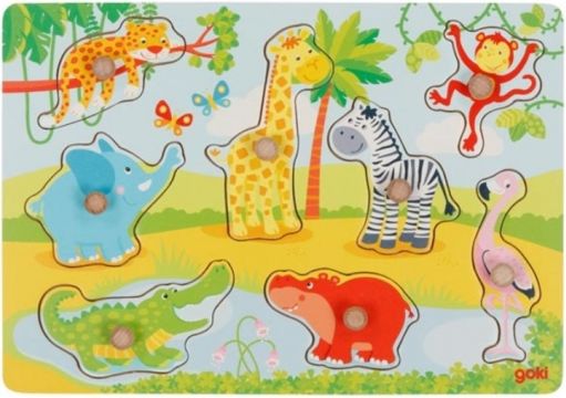 Goki Edukační dřevěná vkládačka/puzzle s úchyty Safari