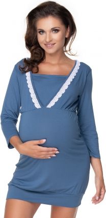 Be MaaMaa Těhotenská, kojící noční košile s ozdobnou krajkou, 3/4 rukáv - modrá, vel. L/XL - obrázek 1