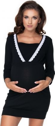 Be MaaMaa Těhotenská, kojící noční košile s ozdobnou krajkou, 3/4 rukáv - černá, vel. L/XL - obrázek 1