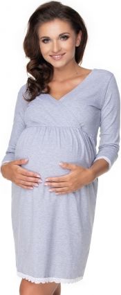 Be MaaMaa Těhotenská, kojící noční košile s krajkou, 3/4 rukáv - šedá, vel. L/XL - obrázek 1