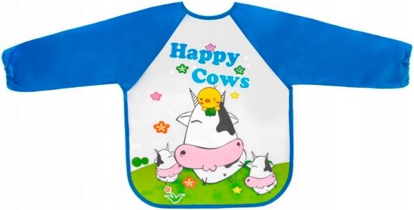 BocioLand Zástěrka, bryndák nepromakavý s dlouhým rukávem, Happy Cows, modrá - obrázek 1