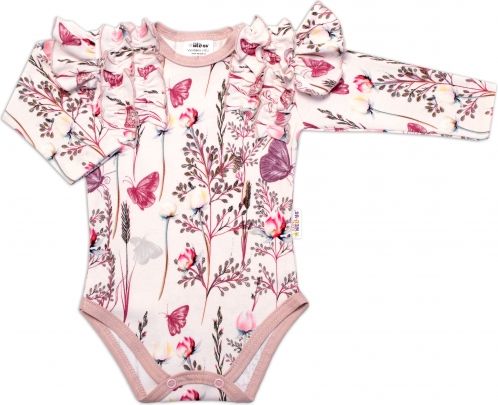 Baby Nellys Kojenecké body dlouhý rukáv s volánky Motýlci - růžová - obrázek 1