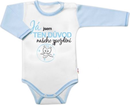 Baby Nellys Body dl. rukáv s vtip. textem , Já jsem TEN DŮVOD našeho zpoždění, kluk - obrázek 1