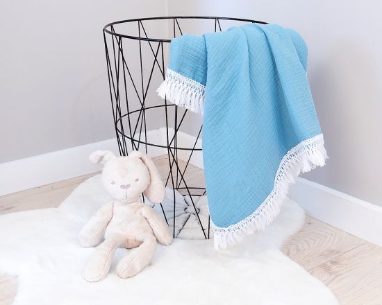Baby Nellys  Luxusní jednovrstvá mušelínová deka BOHO s třásněmi, 70 x 100 cm, tyrkysová - obrázek 1