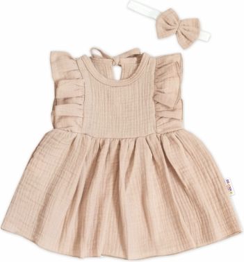 Baby Nellys 2-dílná sada mušelínové šatičky + čelenka, béžové - obrázek 1