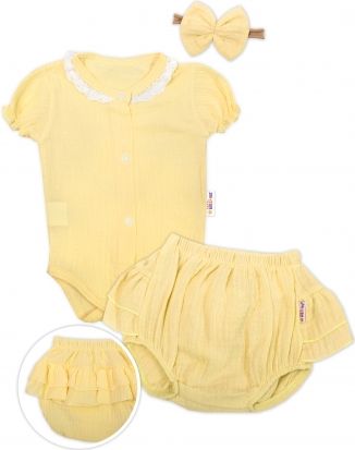 Baby Nellys  3-dílná mušelínová soupravička, body, kraťasky + čelenka GIRL, žlutá - obrázek 1