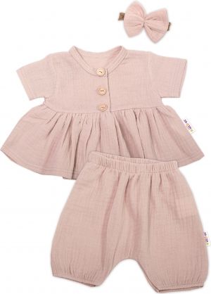 Baby Nellys 3-dílná mušelínová soupravička, tunika/halenka, kraťasky, čelenka, béžová - obrázek 1