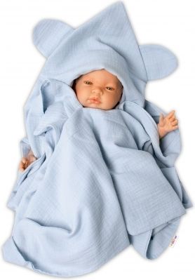 Baby Nellys  Luxusní dvouvrstvá mušelínová deka, osuška s kapucí 100 x 100 cm, modrá - obrázek 1