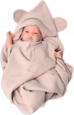 Baby Nellys  Luxusní dvouvrstvá mušelínová deka, osuška s kapucí 100 x 100 cm, béžová - obrázek 1