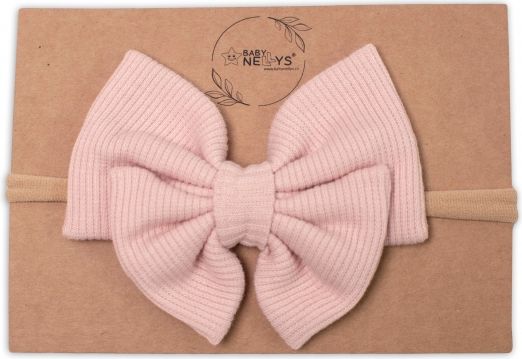 Baby Nellys Hand Made Dvouvrstvá žebrovaná čelenka - mašlička Laura, pudrová - 1ks - obrázek 1