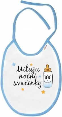 Baby Nellys  Nepromokavý bryndáček Miluju noční svačinky, 24 x 27 cm - bílý s modrým lemem - obrázek 1