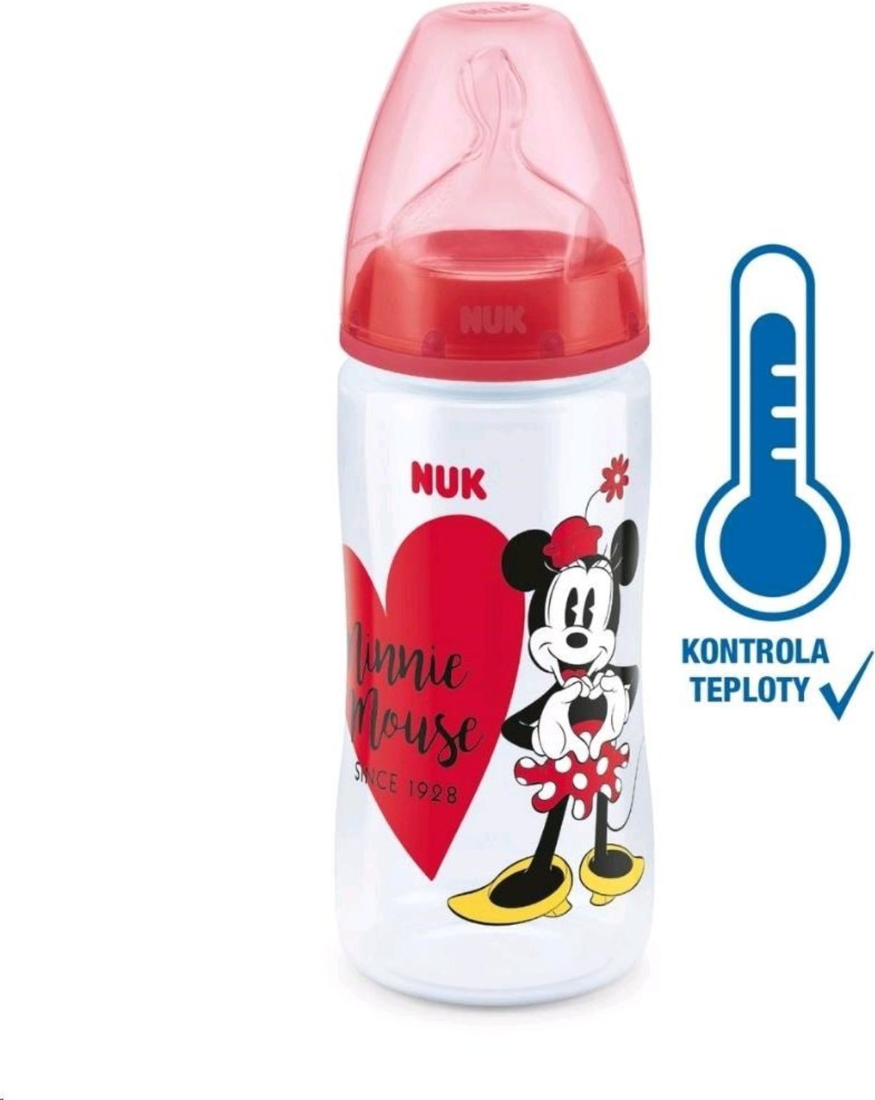 Kojenecká láhev na učení NUK Disney Mickey s kontrolou teploty 300 ml červená - 10741034 - obrázek 1