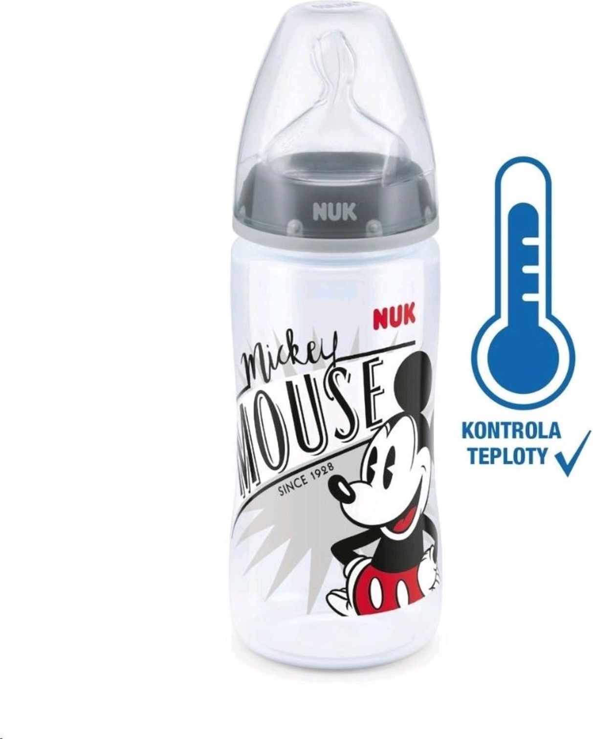 Kojenecká láhev na učení NUK Disney Mickey s kontrolou teploty 300 ml šedá - 10741034 - obrázek 1