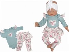 Souprava 2-dílná bavlna body a legíny se sukýnkou - SRDCE mátová s květy - vel.86 - obrázek 1