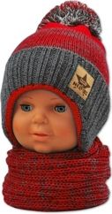 Čepice dětská pletená s komínkovou šálou - BAMBULE červeno-šedá - vel. 2-3roky - obrázek 1