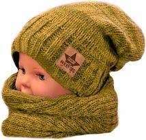 Čepice dětská pletená s komínkem - VZOROVANÝ LEM hořčicový melír - 5let a více - obrázek 1