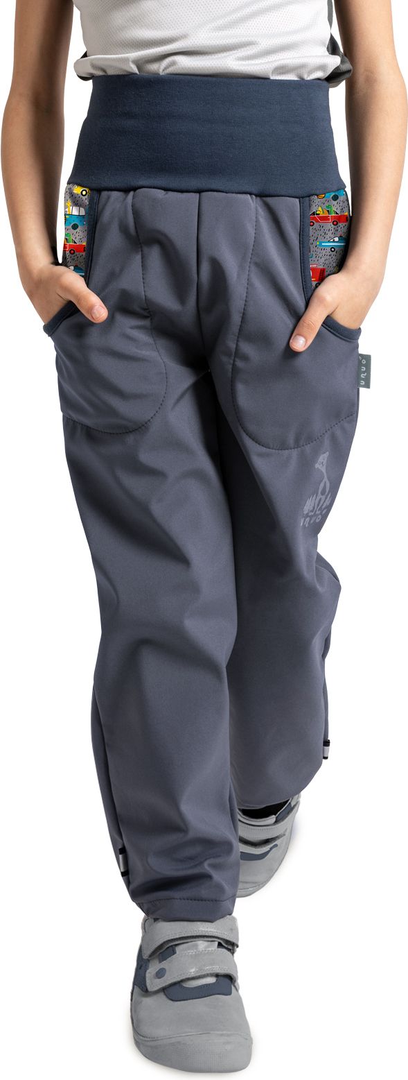 Unuo, Dětské softshellové kalhoty s fleecem Basic, Tm. Šedá, ZOO na výletě Velikost: 98/104 - obrázek 1