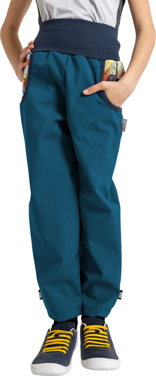 Unuo, Dětské softshellové kalhoty bez zateplení Basic, Tm. Petrolejová, Veselé kopečky Velikost: 98/104 - obrázek 1