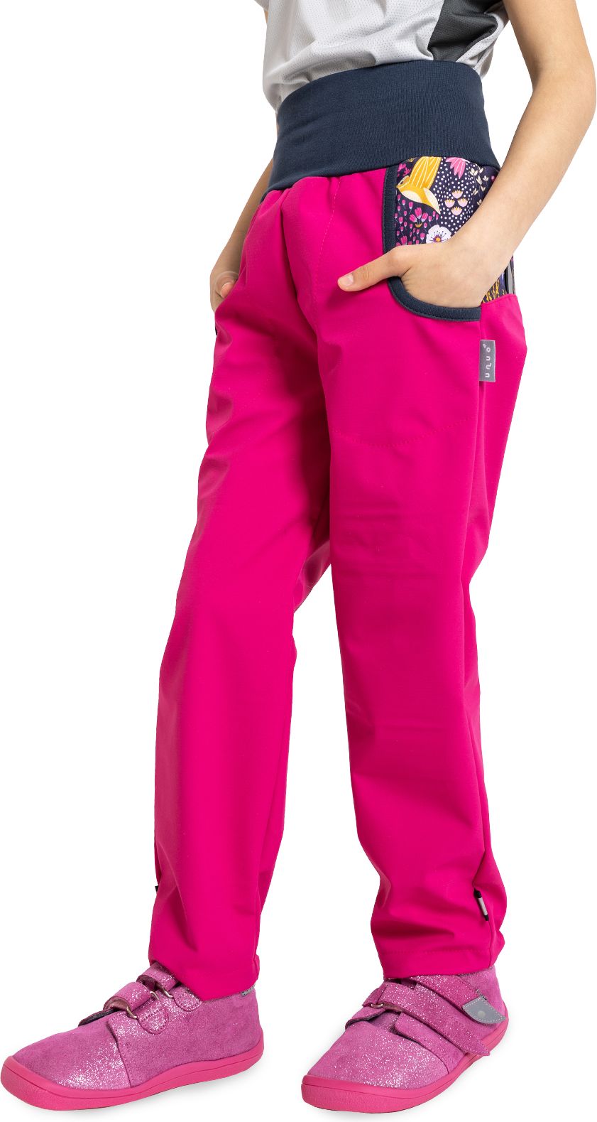 Unuo, Dětské softshellové kalhoty bez zateplení Basic, Fuchsiová, Kolibřík Velikost: 98/104 - obrázek 1