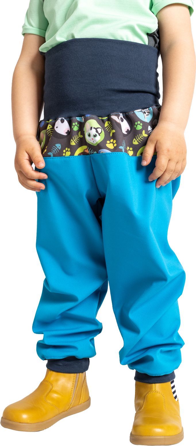 Unuo, Batolecí softshellové kalhoty s fleecem Basic, Tyrkysová, Kočka pes kluk Velikost: 86/92 - obrázek 1