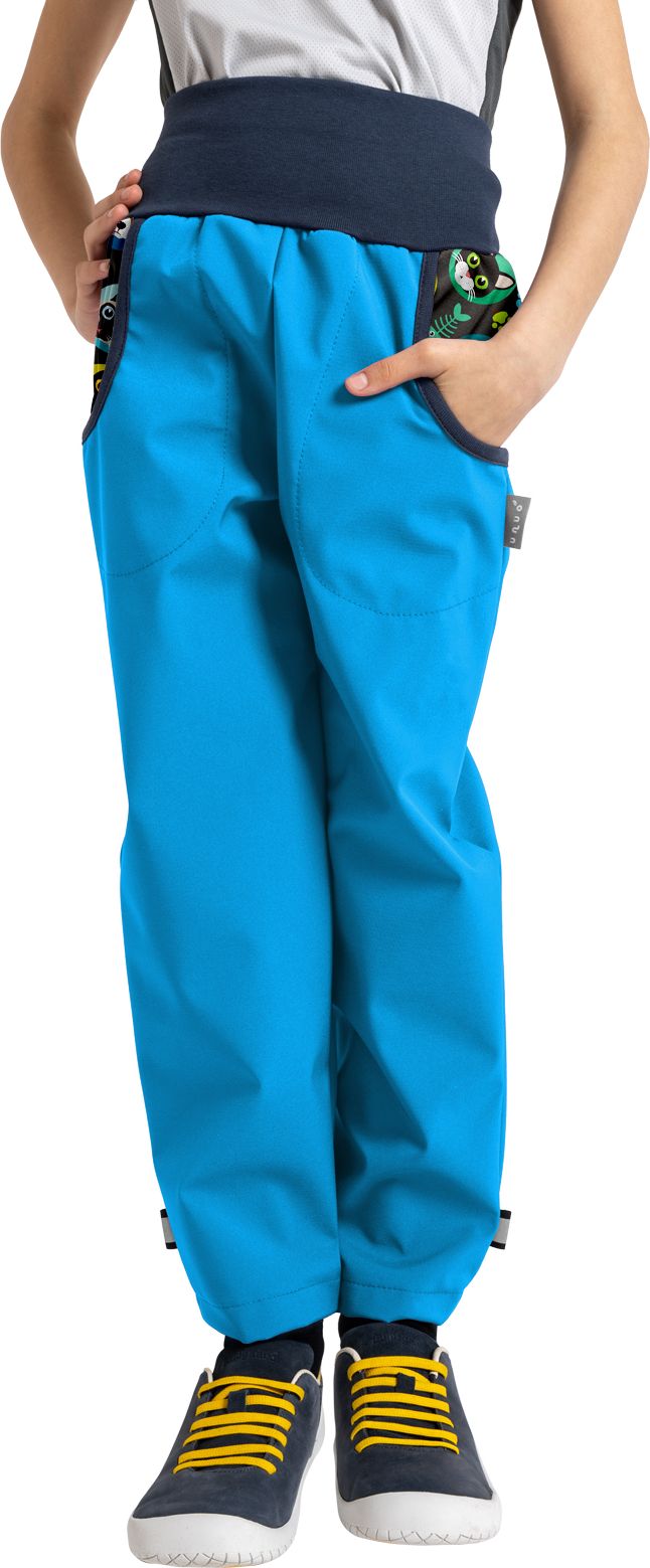 Unuo, Dětské softshellové kalhoty s fleecem Basic, Tyrkysová, Kočka pes kluk Velikost: 98/104 - obrázek 1